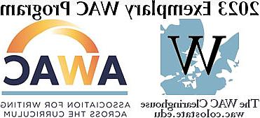 艺术作品，上面写着2023年WAC示范项目，带有WAC结算所和跨课程写作协会的标志